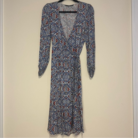ZARA Silky Blue Paisley Authentic Wrap Longsleeve Midi Dress - Picture 6 of 15